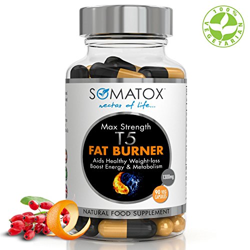 SOMATOX T5 FAT BURNER - Natural Weight Loss • Burn Fat • Slimming Diet Pills • Boost Energy • Thermogenic Supplement ★ Max Strength 1300mg / 90 Veg Caps 30 Day Supply ★ Made In UK (FREE eBOOK)